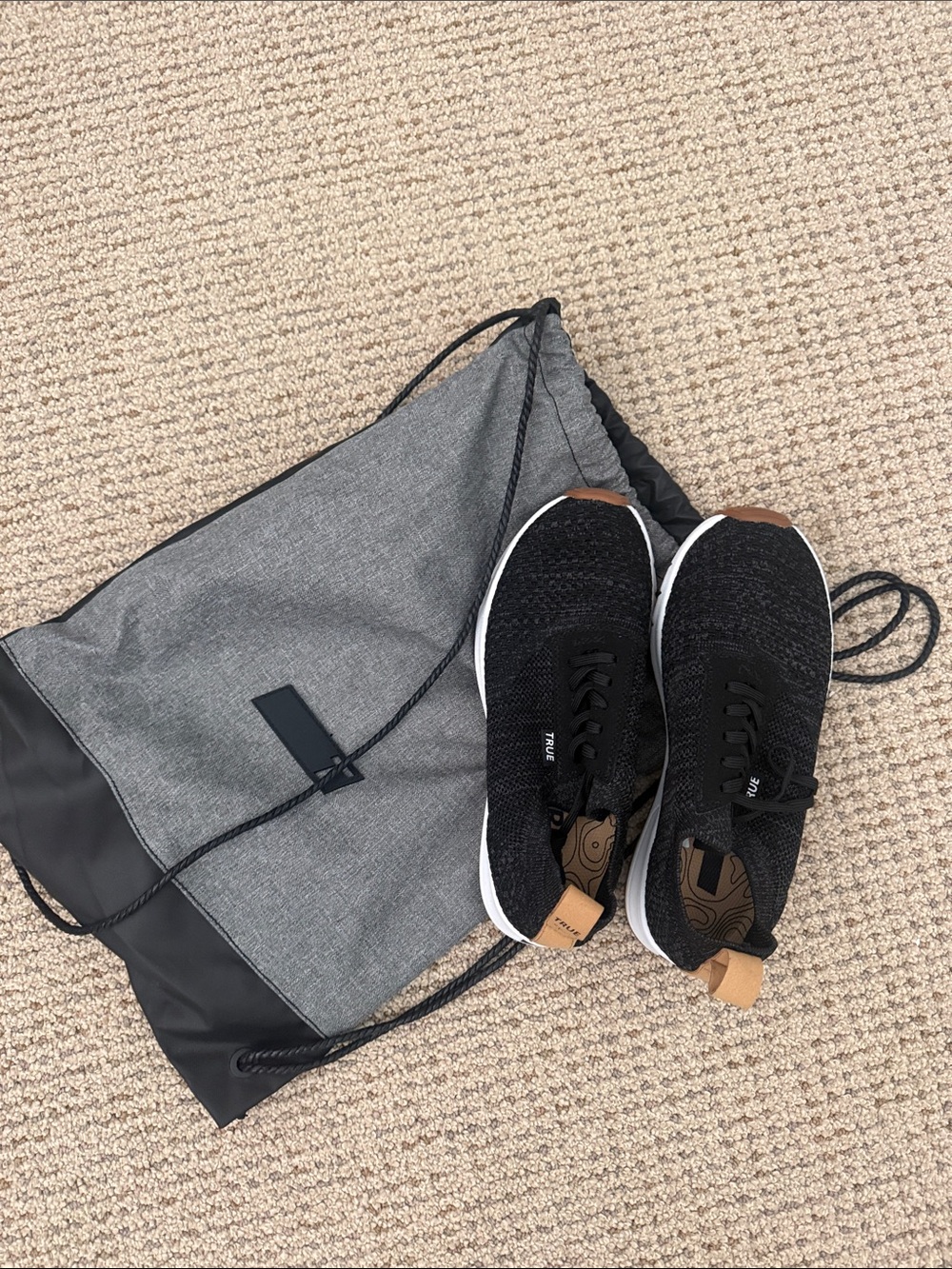 Black Knit Women's Sneakers with Gray Drawstring Backpack